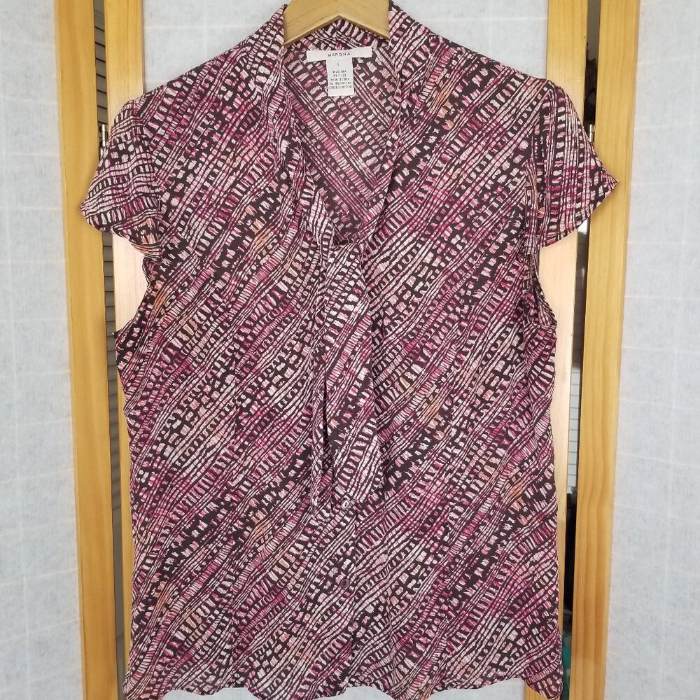 100% Silk Printed Blouse Neck Bow Brown Pink Size Large Button Up Merona